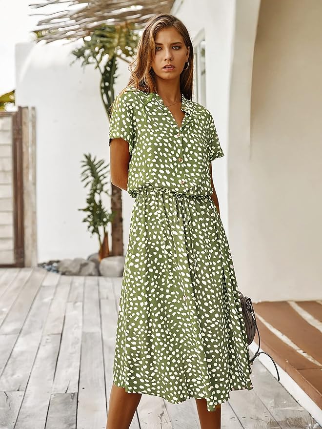 Elegant women's short-sleeve midi dress, flattering silhouette, versatile for any occasion, chic and timeless style.