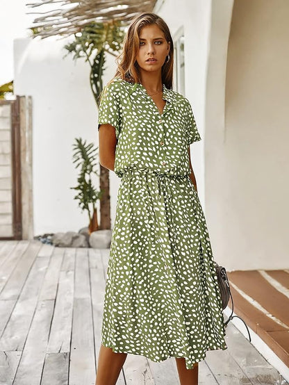 Elegant women's short-sleeve midi dress, flattering silhouette, versatile for any occasion, chic and timeless style.