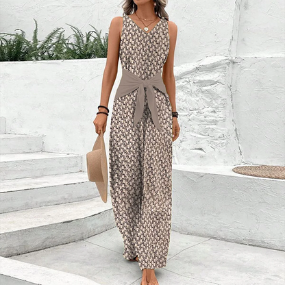 "Elegant women's sleeveless V-neck jumpsuit with adjustable waist, showcasing lightweight fabric and flattering design."
