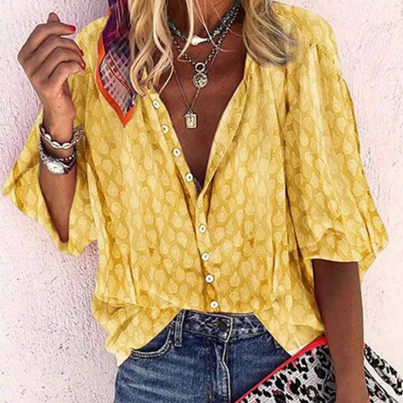 Elegant women's summer blouse with airy fit, versatile design; ideal for chic warm-weather outings and casual gatherings.