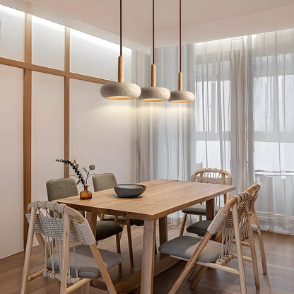 "Elegant yellow travertine pendant light with LED, natural stone texture, perfect for modern interior decor lighting."