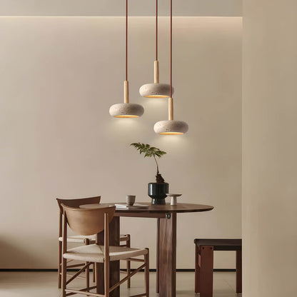 "Elegant yellow travertine pendant light with LED, natural stone texture, perfect for modern interior decor lighting."