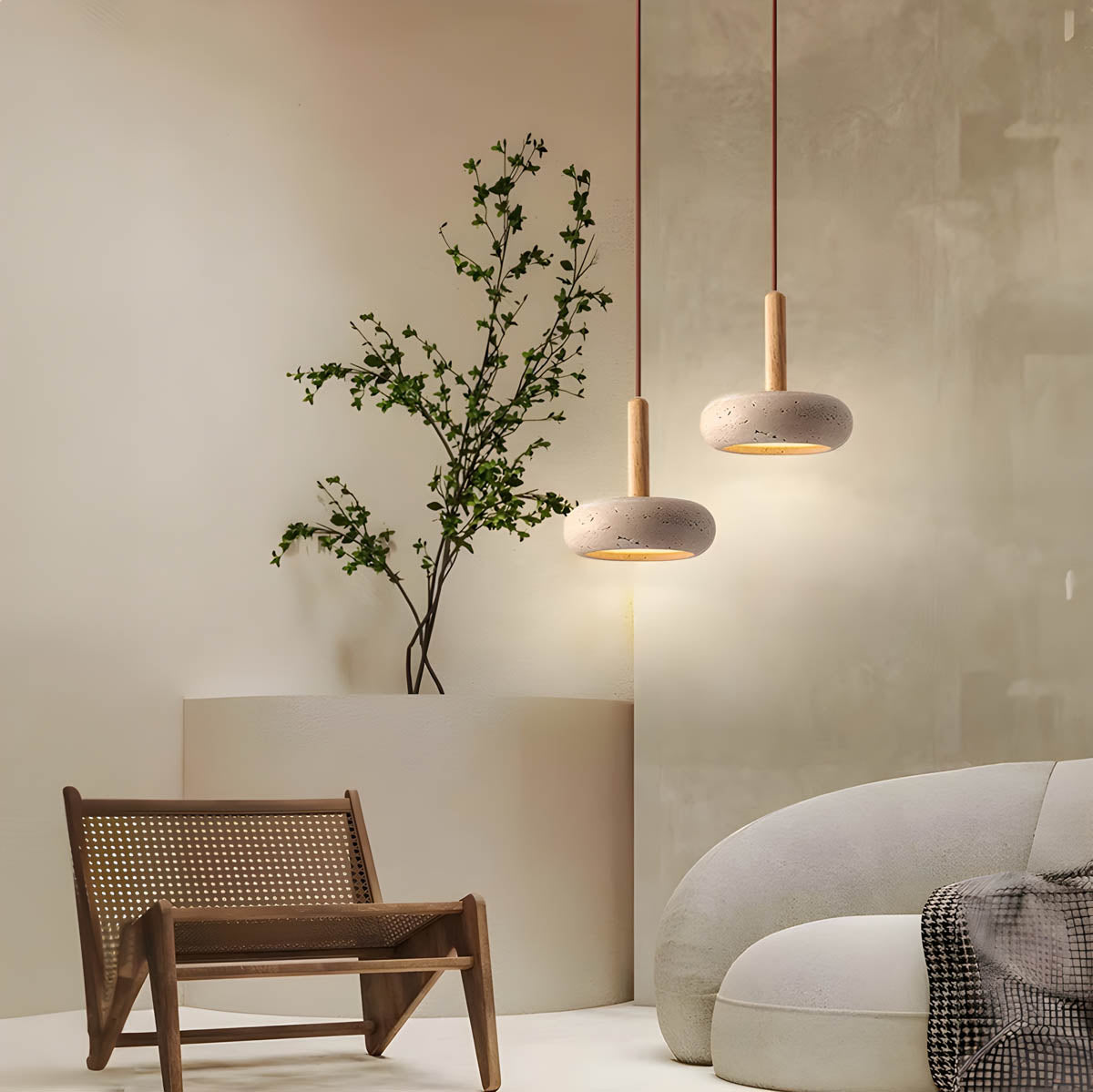"Elegant yellow travertine pendant light with LED, natural stone texture, perfect for modern interior decor lighting."