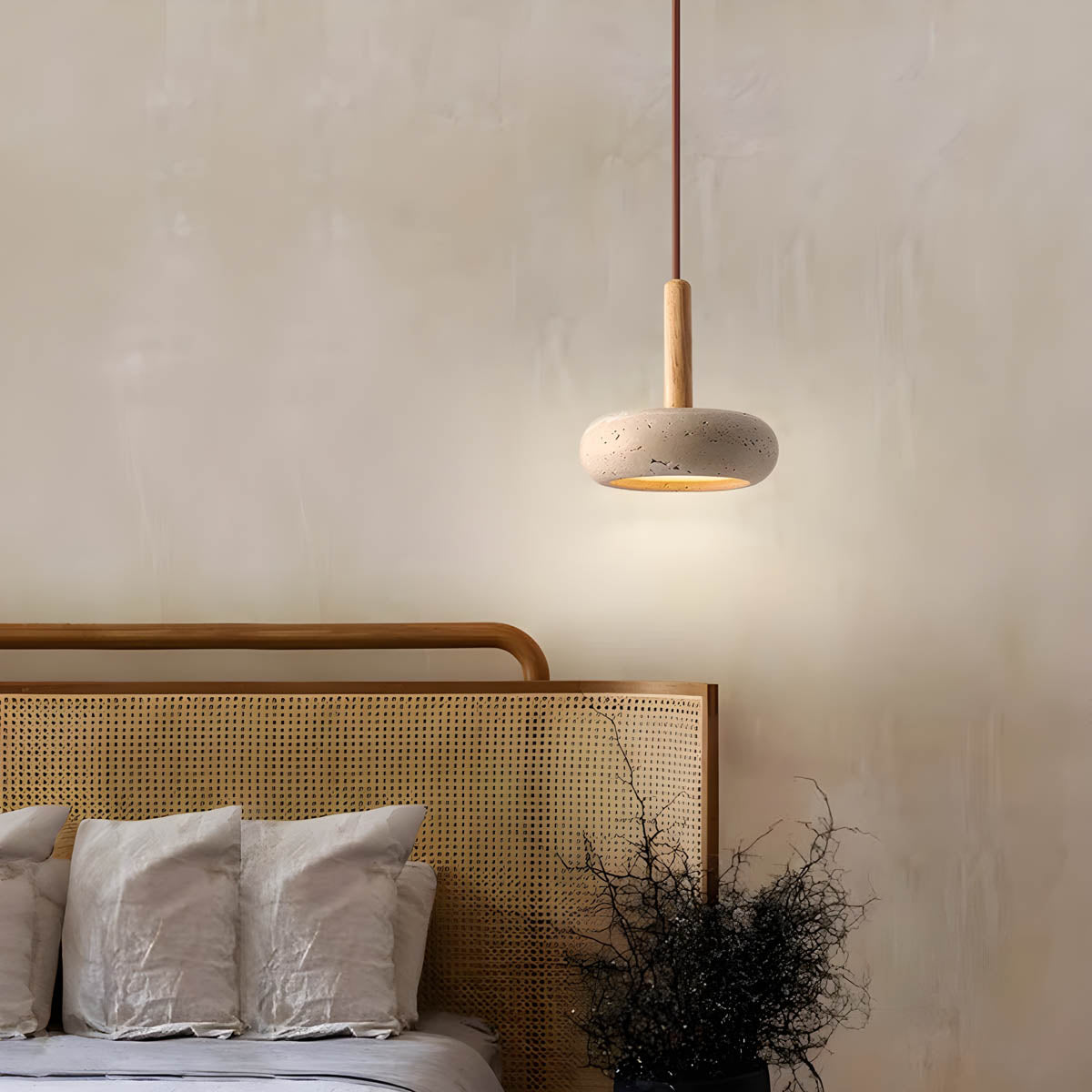 "Elegant yellow travertine pendant light with LED, natural stone texture, perfect for modern interior decor lighting."