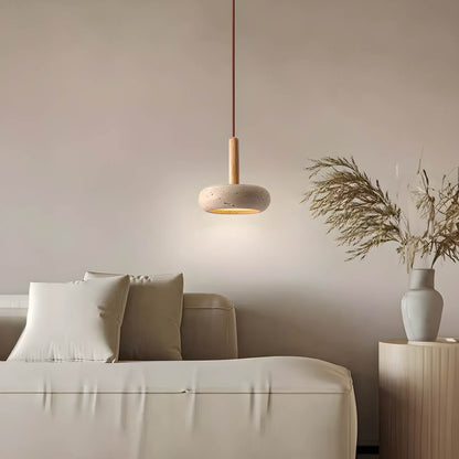 "Elegant yellow travertine pendant light with LED, natural stone texture, perfect for modern interior decor lighting."