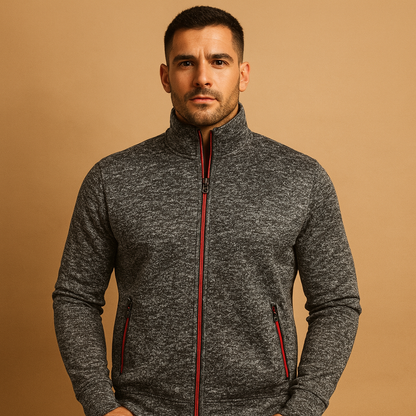 Men’s elegant zip cardigan with handmade finish, soft wrinkle-free fabric, and hidden zip pockets for timeless comfort and style.