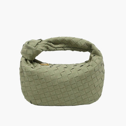 Chic Small Suede Handbag with Woven Detail & Gold Trim