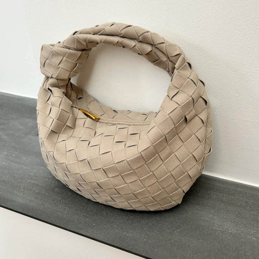 Chic Small Suede Handbag with Woven Detail & Gold Trim - Luxivelle