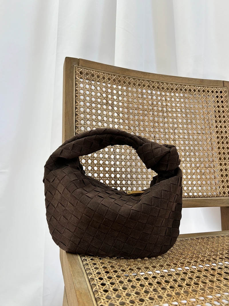 Chic Small Suede Handbag with Woven Detail & Gold Trim