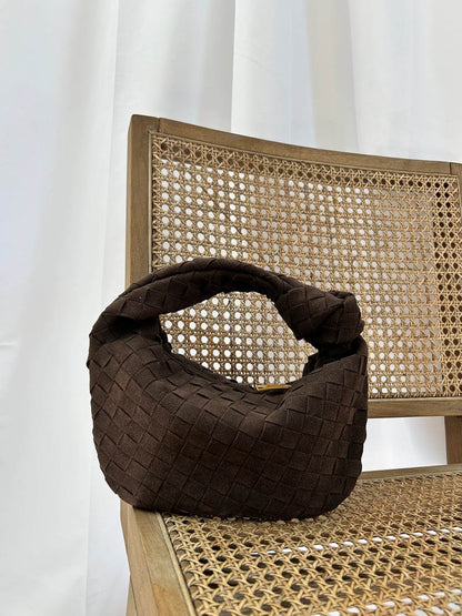 Chic Small Suede Handbag with Woven Detail & Gold Trim
