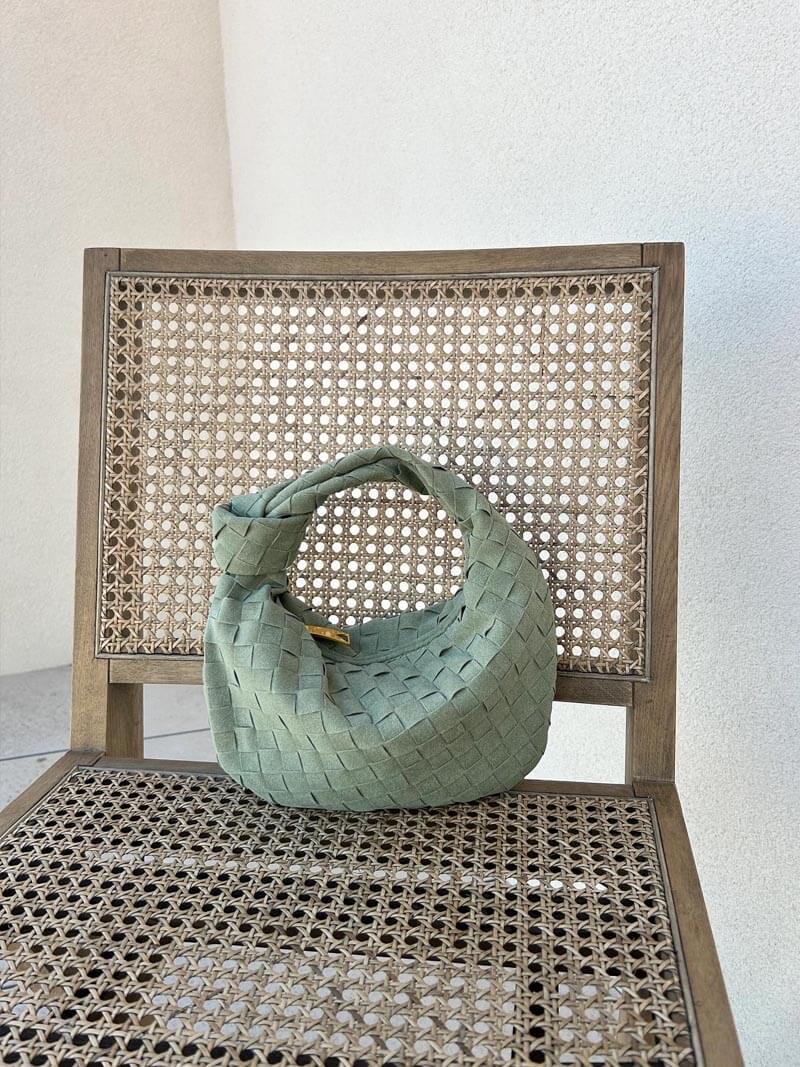 Chic Small Suede Handbag with Woven Detail & Gold Trim