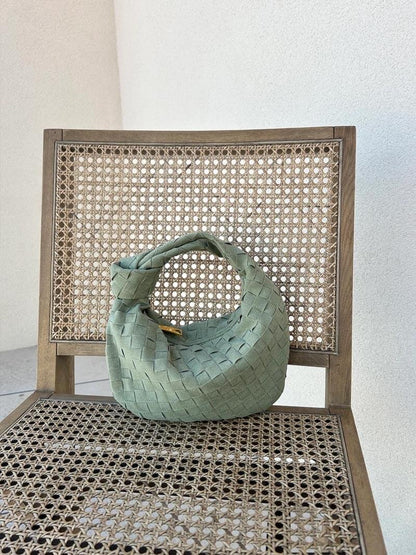 Chic Small Suede Handbag with Woven Detail & Gold Trim