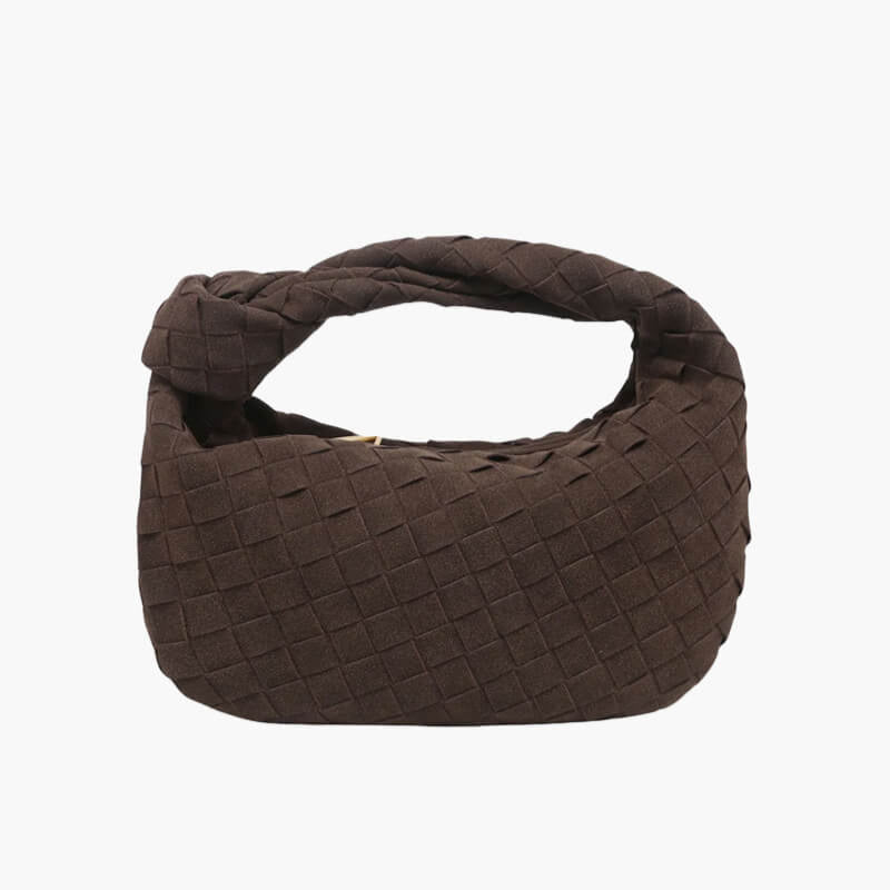 Chic Small Suede Handbag with Woven Detail & Gold Trim