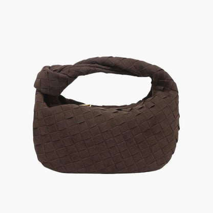 Chic Small Suede Handbag with Woven Detail & Gold Trim