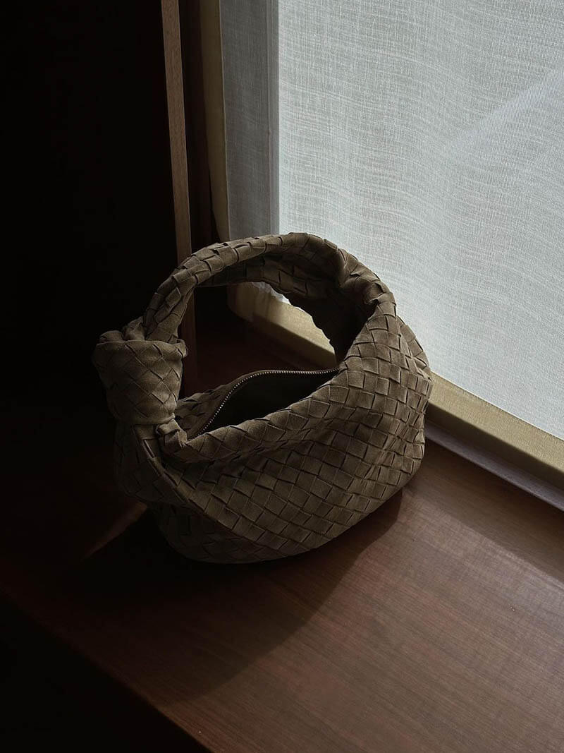 Chic Small Suede Handbag with Woven Detail & Gold Trim