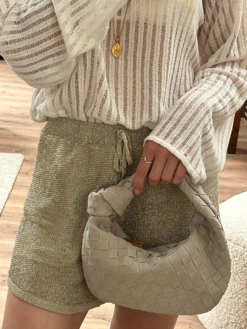 Chic Small Suede Handbag with Woven Detail & Gold Trim