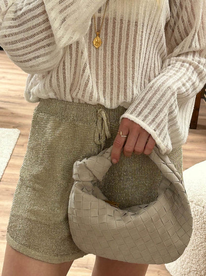 Chic Small Suede Handbag with Woven Detail & Gold Trim