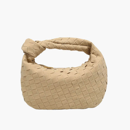 Chic Small Suede Handbag with Woven Detail & Gold Trim
