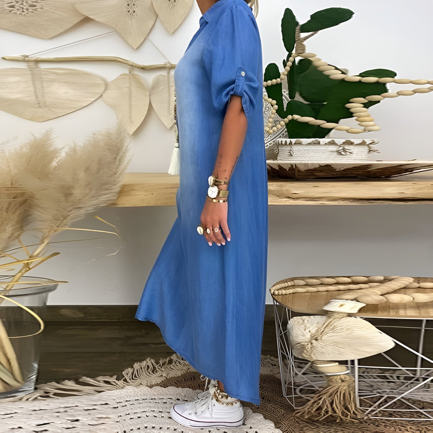 Classic Blue Jeans V-Neck Dress