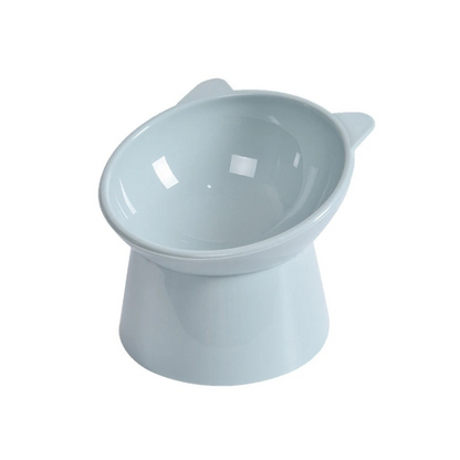"Ergonomic cat bowl with anti-spill design, 15-degree tilt, high edges, available in pink, green, grey, for pet dining."
