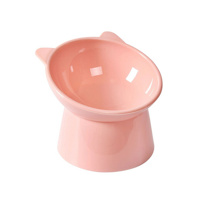 "Ergonomic cat bowl with anti-spill design, 15-degree tilt, high edges, available in pink, green, grey, for pet dining."