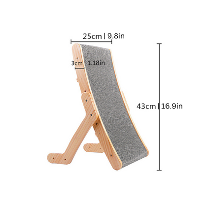 Ergonomic cat scratcher with sleek solid wood frame; curvy design offers comfort and stylish play area for feline exercise.