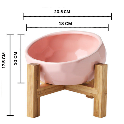 "Ergonomic elevated pet bowl with non-slip wooden stand, sleek design, blue color, enhances pet comfort and posture."