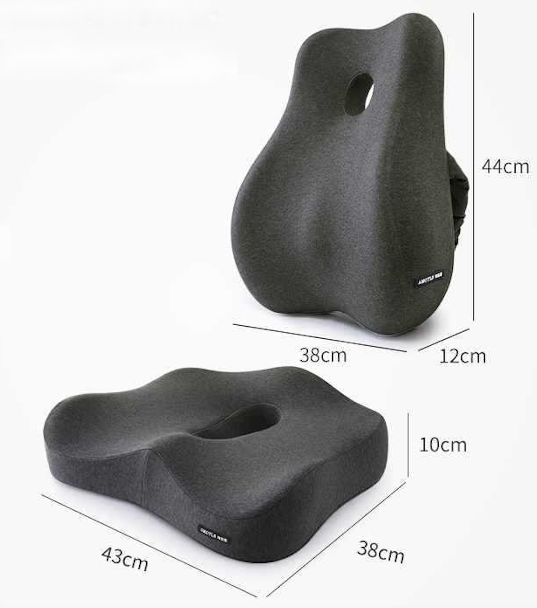 Ergonomic memory foam support cushion for office and car use; contoured design with removable cover for ultimate comfort.