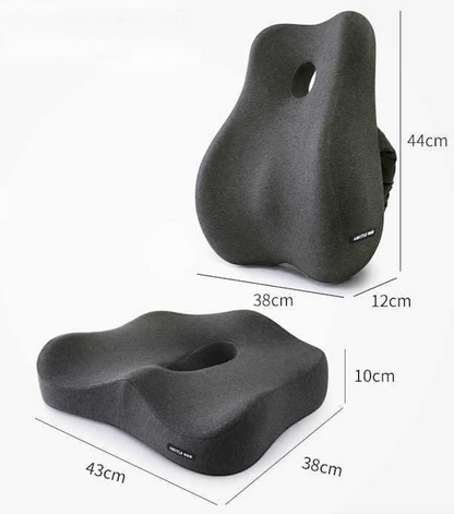 Ergonomic memory foam support cushion for office and car use; contoured design with removable cover for ultimate comfort.