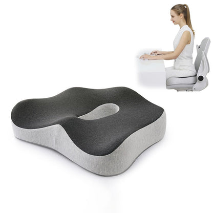 Ergonomic memory foam support cushion for office and car use; contoured design with removable cover for ultimate comfort.