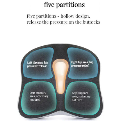 Ergonomic memory foam support cushion for office and car use; contoured design with removable cover for ultimate comfort.