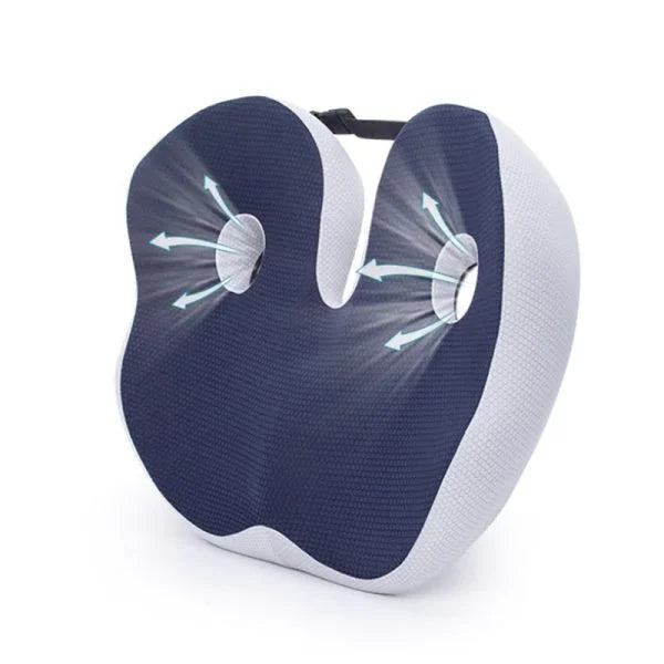 "Ergonomic men's memory foam seat cushion in grey, supports hips and back, perfect for office chairs and car seats."