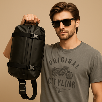 Expandable anti-theft chest bag for men with waterproof fabric, USB port, and padded device compartment—ideal for travel, commuting, and daily carry.