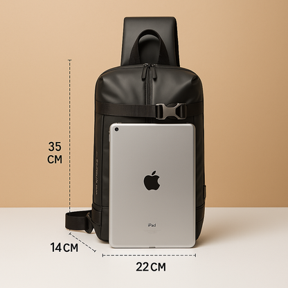 Expandable anti-theft chest bag for men with waterproof fabric, USB port, and padded device compartment—ideal for travel, commuting, and daily carry.