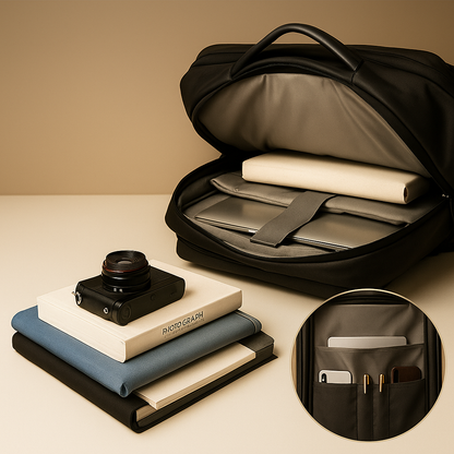 Expandable carry-on travel backpack for men with luggage-style opening, waterproof compartments, USB charging port, and cushioned ergonomic design.