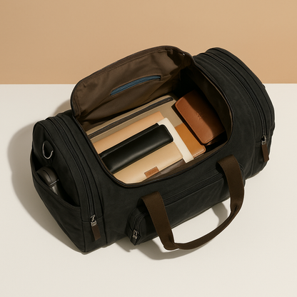 Men’s expandable cotton duffle bag with compartments, adjustable strap, and zippered pockets—ideal for travel or work trips.