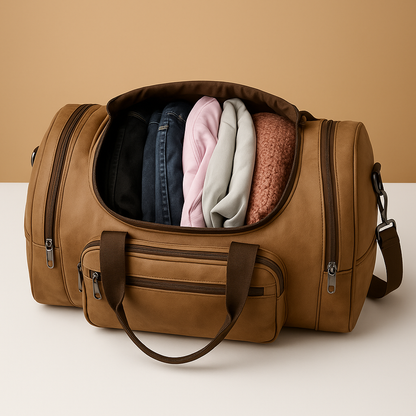 Men’s expandable cotton duffle bag with compartments, adjustable strap, and zippered pockets—ideal for travel or work trips.