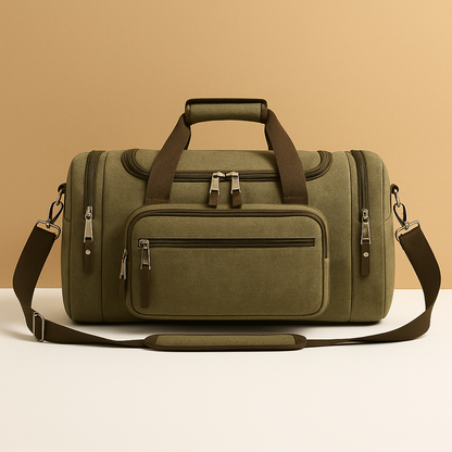 Men’s expandable cotton duffle bag with compartments, adjustable strap, and zippered pockets—ideal for travel or work trips.
