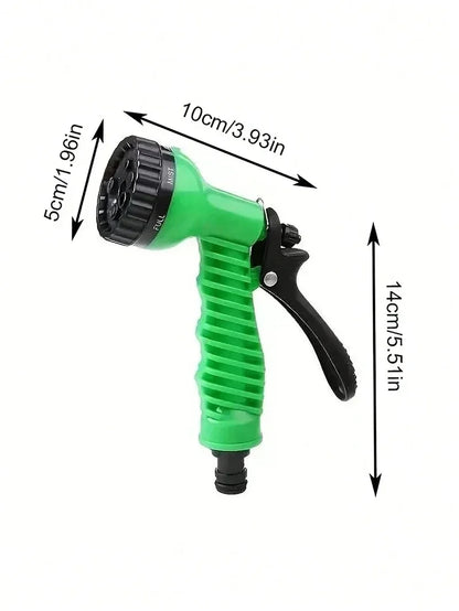 "Expandable garden hose with blue flexible design, 7-function spray gun, ideal for easy outdoor watering and DIY tasks."