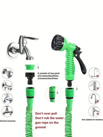 "Expandable garden hose with blue flexible design, 7-function spray gun, ideal for easy outdoor watering and DIY tasks."