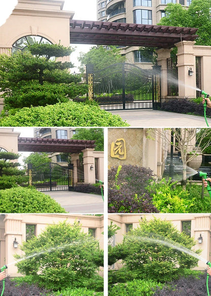 "Expandable garden hose with blue flexible design, 7-function spray gun, ideal for easy outdoor watering and DIY tasks."