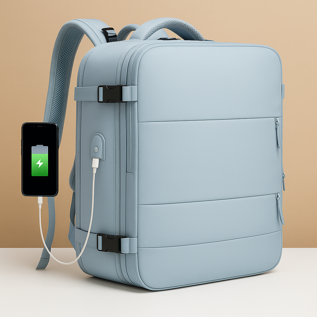 TSA-approved expandable travel backpack for women featuring a USB-charging port, luggage-style opening, and ergonomic cushioned back for comfortable journeys.