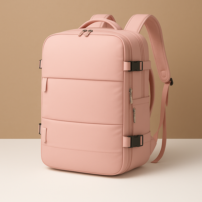 TSA-approved expandable travel backpack for women featuring a USB-charging port, luggage-style opening, and ergonomic cushioned back for comfortable journeys.