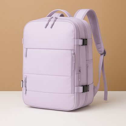TSA-approved expandable travel backpack for women featuring a USB-charging port, luggage-style opening, and ergonomic cushioned back for comfortable journeys.