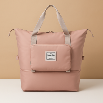 Expandable foldable travel bag for women with waterproof Oxford fabric, wide top access, and elegant design for stylish travel.