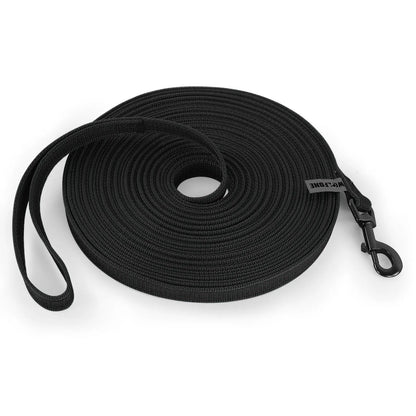 "Extra long waterproof dog lead with comfy handle, in orange, durable nylon for all weather, secure soft-touch grip."