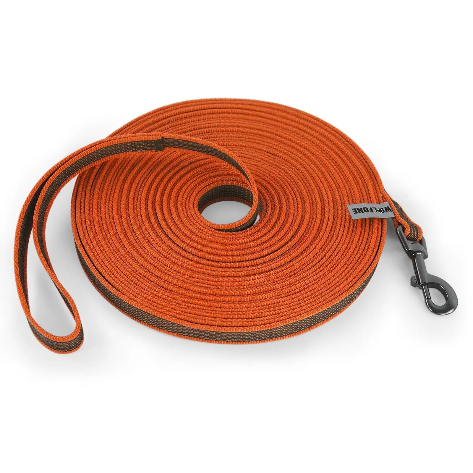 "Extra long waterproof dog lead with comfy handle, in orange, durable nylon for all weather, secure soft-touch grip."