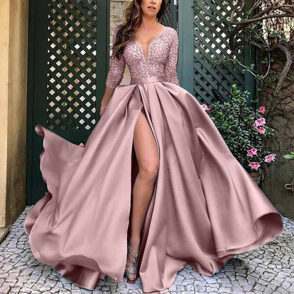 Chic V Neck Lace Formal Dress with High Split - Luxivelle