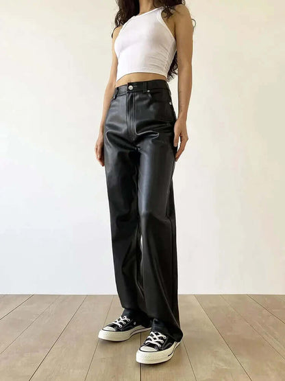 Classic High Waist Straight Leg Leather Jeans Pants