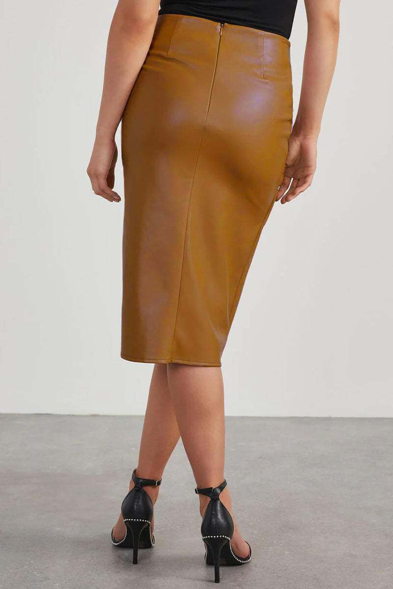 Fake Leather High Waist Pencil Skirt with Gathering